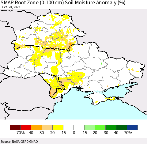 Ukraine, Moldova and Belarus SMAP Root Zone (0-100 cm) Soil Moisture Anomaly (%) Thematic Map For 10/16/2023 - 10/20/2023