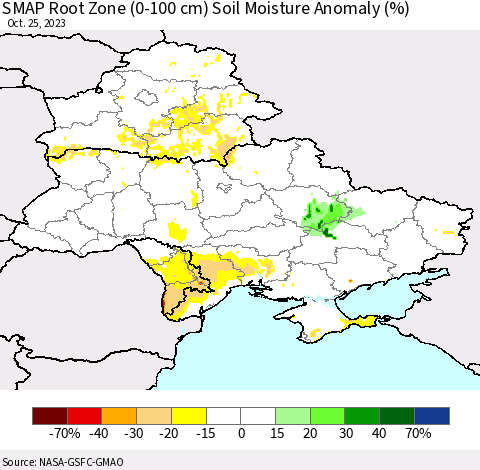 Ukraine, Moldova and Belarus SMAP Root Zone (0-100 cm) Soil Moisture Anomaly (%) Thematic Map For 10/21/2023 - 10/25/2023