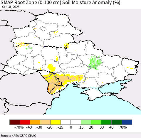 Ukraine, Moldova and Belarus SMAP Root Zone (0-100 cm) Soil Moisture Anomaly (%) Thematic Map For 10/26/2023 - 10/31/2023