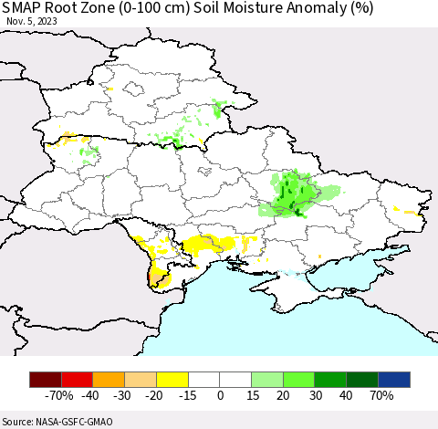 Ukraine, Moldova and Belarus SMAP Root Zone (0-100 cm) Soil Moisture Anomaly (%) Thematic Map For 11/1/2023 - 11/5/2023