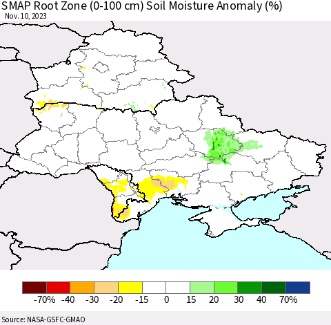 Ukraine, Moldova and Belarus SMAP Root Zone (0-100 cm) Soil Moisture Anomaly (%) Thematic Map For 11/6/2023 - 11/10/2023