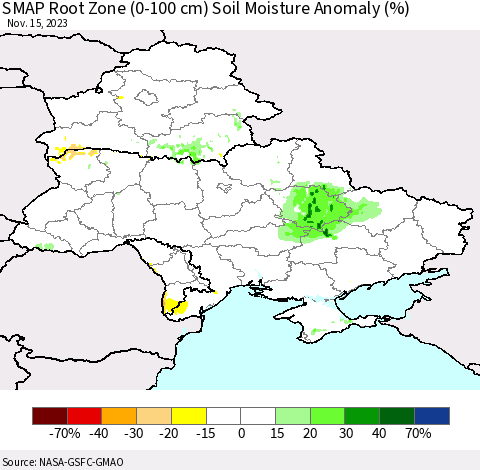 Ukraine, Moldova and Belarus SMAP Root Zone (0-100 cm) Soil Moisture Anomaly (%) Thematic Map For 11/11/2023 - 11/15/2023
