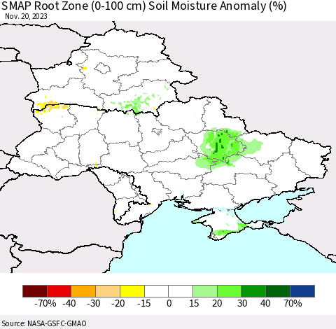 Ukraine, Moldova and Belarus SMAP Root Zone (0-100 cm) Soil Moisture Anomaly (%) Thematic Map For 11/16/2023 - 11/20/2023