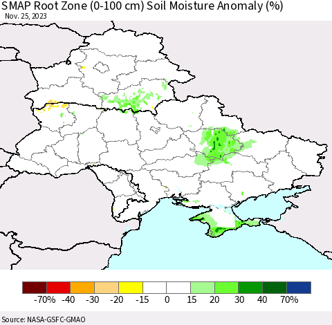 Ukraine, Moldova and Belarus SMAP Root Zone (0-100 cm) Soil Moisture Anomaly (%) Thematic Map For 11/21/2023 - 11/25/2023