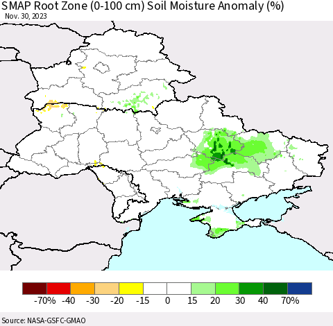 Ukraine, Moldova and Belarus SMAP Root Zone (0-100 cm) Soil Moisture Anomaly (%) Thematic Map For 11/26/2023 - 11/30/2023