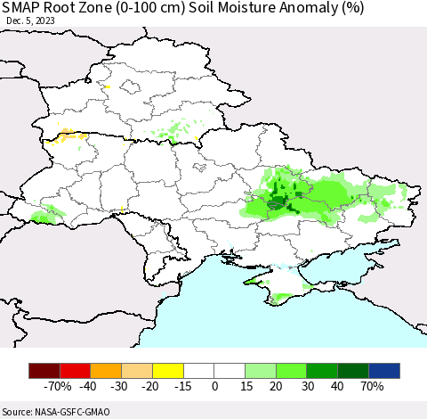 Ukraine, Moldova and Belarus SMAP Root Zone (0-100 cm) Soil Moisture Anomaly (%) Thematic Map For 12/1/2023 - 12/5/2023