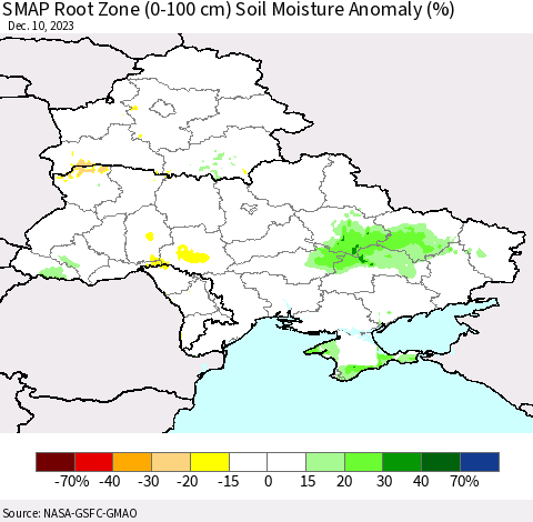 Ukraine, Moldova and Belarus SMAP Root Zone (0-100 cm) Soil Moisture Anomaly (%) Thematic Map For 12/6/2023 - 12/10/2023