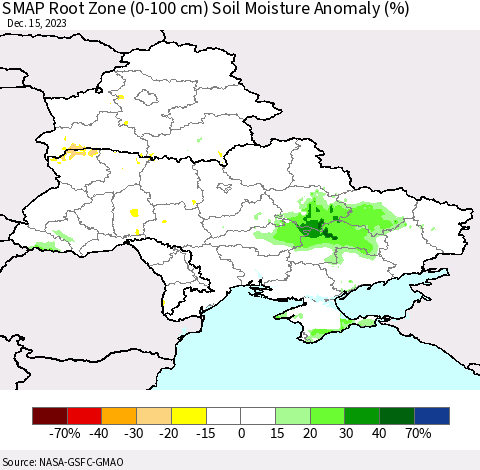 Ukraine, Moldova and Belarus SMAP Root Zone (0-100 cm) Soil Moisture Anomaly (%) Thematic Map For 12/11/2023 - 12/15/2023