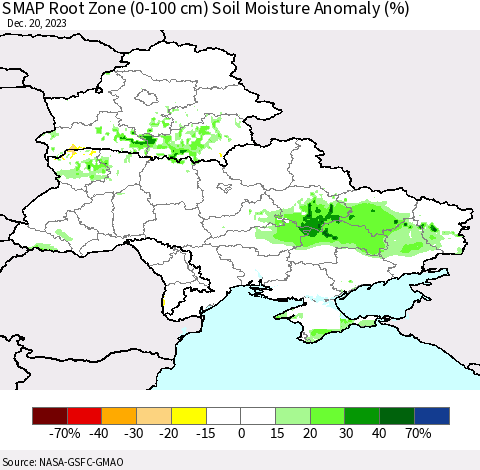 Ukraine, Moldova and Belarus SMAP Root Zone (0-100 cm) Soil Moisture Anomaly (%) Thematic Map For 12/16/2023 - 12/20/2023
