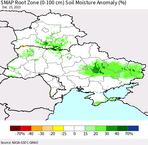 Ukraine, Moldova and Belarus SMAP Root Zone (0-100 cm) Soil Moisture Anomaly (%) Thematic Map For 12/21/2023 - 12/25/2023