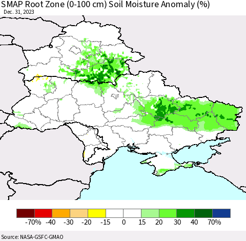 Ukraine, Moldova and Belarus SMAP Root Zone (0-100 cm) Soil Moisture Anomaly (%) Thematic Map For 12/26/2023 - 12/31/2023