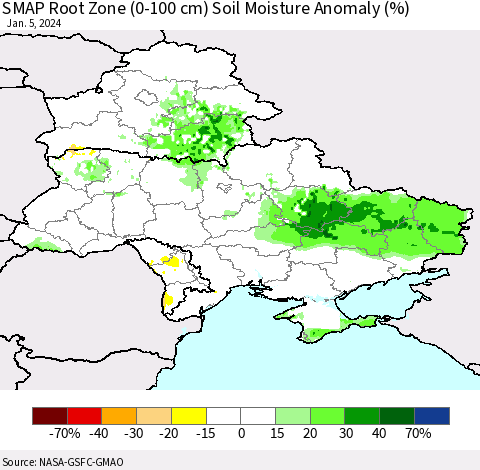 Ukraine, Moldova and Belarus SMAP Root Zone (0-100 cm) Soil Moisture Anomaly (%) Thematic Map For 1/1/2024 - 1/5/2024