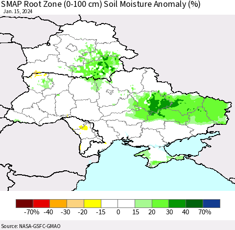 Ukraine, Moldova and Belarus SMAP Root Zone (0-100 cm) Soil Moisture Anomaly (%) Thematic Map For 1/11/2024 - 1/15/2024
