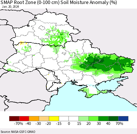 Ukraine, Moldova and Belarus SMAP Root Zone (0-100 cm) Soil Moisture Anomaly (%) Thematic Map For 1/16/2024 - 1/20/2024