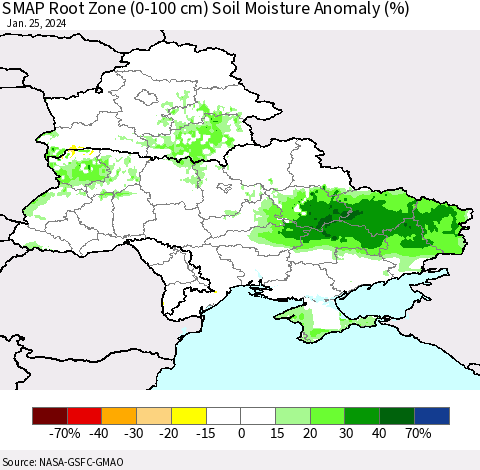 Ukraine, Moldova and Belarus SMAP Root Zone (0-100 cm) Soil Moisture Anomaly (%) Thematic Map For 1/21/2024 - 1/25/2024