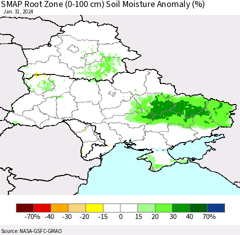 Ukraine, Moldova and Belarus SMAP Root Zone (0-100 cm) Soil Moisture Anomaly (%) Thematic Map For 1/26/2024 - 1/31/2024