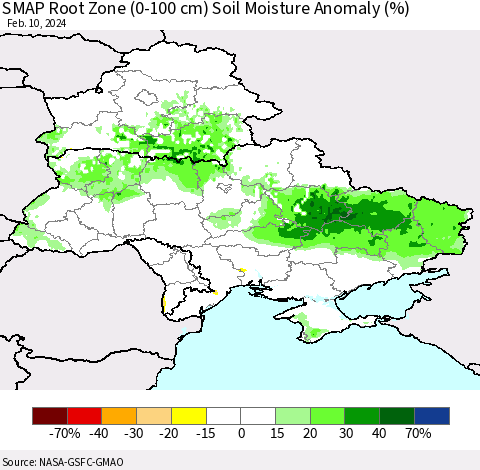 Ukraine, Moldova and Belarus SMAP Root Zone (0-100 cm) Soil Moisture Anomaly (%) Thematic Map For 2/6/2024 - 2/10/2024