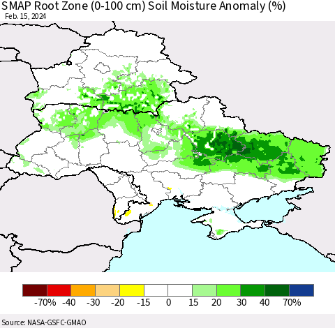 Ukraine, Moldova and Belarus SMAP Root Zone (0-100 cm) Soil Moisture Anomaly (%) Thematic Map For 2/11/2024 - 2/15/2024