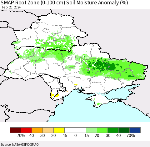 Ukraine, Moldova and Belarus SMAP Root Zone (0-100 cm) Soil Moisture Anomaly (%) Thematic Map For 2/16/2024 - 2/20/2024