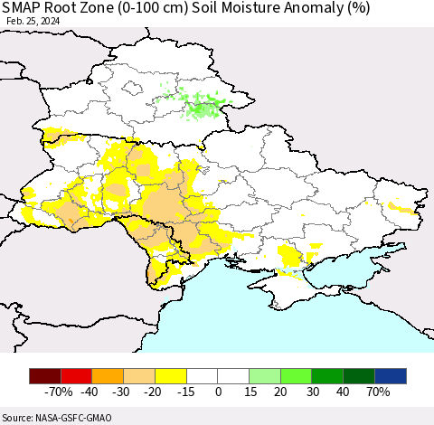 Ukraine, Moldova and Belarus SMAP Root Zone (0-100 cm) Soil Moisture Anomaly (%) Thematic Map For 2/21/2024 - 2/25/2024