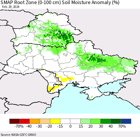 Ukraine, Moldova and Belarus SMAP Root Zone (0-100 cm) Soil Moisture Anomaly (%) Thematic Map For 2/26/2024 - 2/29/2024