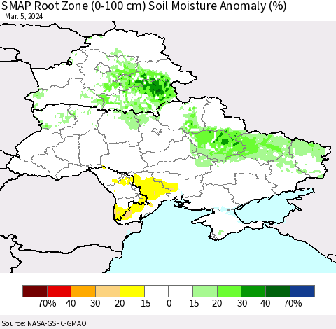 Ukraine, Moldova and Belarus SMAP Root Zone (0-100 cm) Soil Moisture Anomaly (%) Thematic Map For 3/1/2024 - 3/5/2024