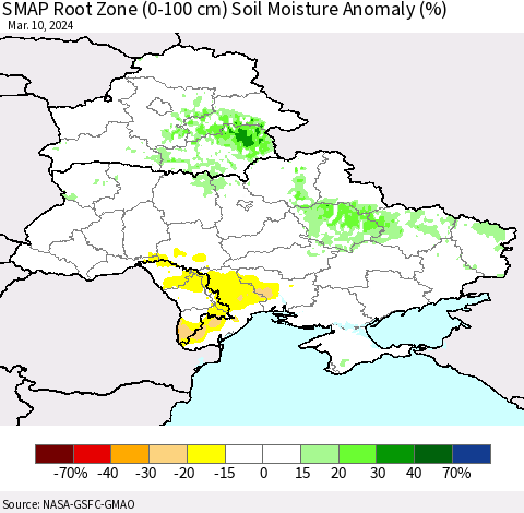 Ukraine, Moldova and Belarus SMAP Root Zone (0-100 cm) Soil Moisture Anomaly (%) Thematic Map For 3/6/2024 - 3/10/2024