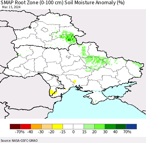 Ukraine, Moldova and Belarus SMAP Root Zone (0-100 cm) Soil Moisture Anomaly (%) Thematic Map For 3/11/2024 - 3/15/2024