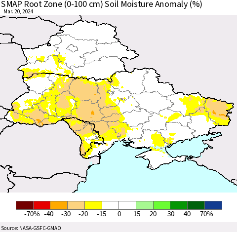 Ukraine, Moldova and Belarus SMAP Root Zone (0-100 cm) Soil Moisture Anomaly (%) Thematic Map For 3/16/2024 - 3/20/2024