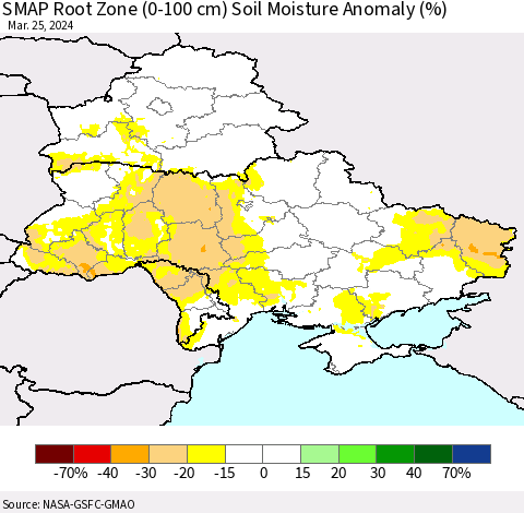 Ukraine, Moldova and Belarus SMAP Root Zone (0-100 cm) Soil Moisture Anomaly (%) Thematic Map For 3/21/2024 - 3/25/2024