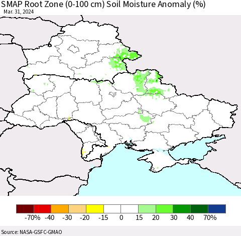 Ukraine, Moldova and Belarus SMAP Root Zone (0-100 cm) Soil Moisture Anomaly (%) Thematic Map For 3/26/2024 - 3/31/2024