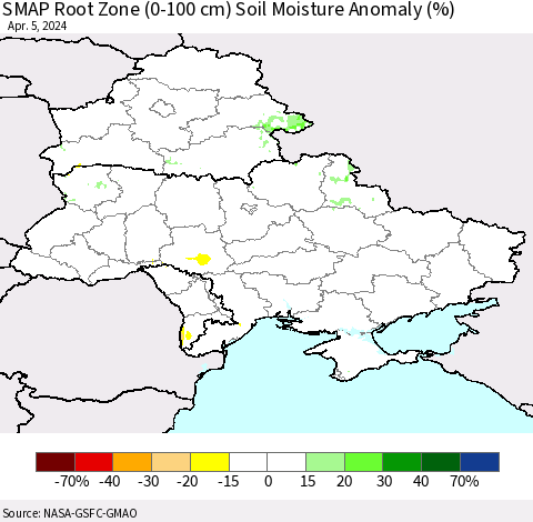 Ukraine, Moldova and Belarus SMAP Root Zone (0-100 cm) Soil Moisture Anomaly (%) Thematic Map For 4/1/2024 - 4/5/2024