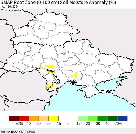 Ukraine, Moldova and Belarus SMAP Root Zone (0-100 cm) Soil Moisture Anomaly (%) Thematic Map For 4/6/2024 - 4/10/2024