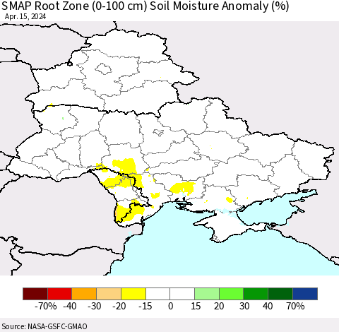 Ukraine, Moldova and Belarus SMAP Root Zone (0-100 cm) Soil Moisture Anomaly (%) Thematic Map For 4/11/2024 - 4/15/2024
