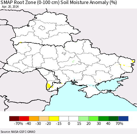 Ukraine, Moldova and Belarus SMAP Root Zone (0-100 cm) Soil Moisture Anomaly (%) Thematic Map For 4/16/2024 - 4/20/2024