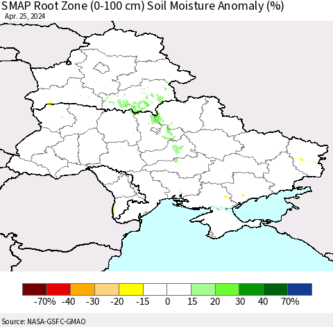 Ukraine, Moldova and Belarus SMAP Root Zone (0-100 cm) Soil Moisture Anomaly (%) Thematic Map For 4/21/2024 - 4/25/2024