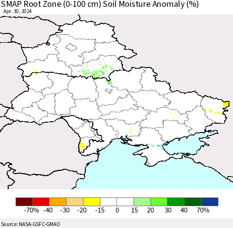 Ukraine, Moldova and Belarus SMAP Root Zone (0-100 cm) Soil Moisture Anomaly (%) Thematic Map For 4/26/2024 - 4/30/2024