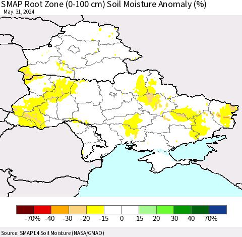 Ukraine, Moldova and Belarus SMAP Root Zone (0-100 cm) Soil Moisture Anomaly (%) Thematic Map For 5/26/2024 - 5/31/2024