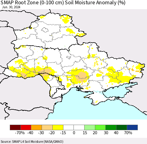 Ukraine, Moldova and Belarus SMAP Root Zone (0-100 cm) Soil Moisture Anomaly (%) Thematic Map For 6/26/2024 - 6/30/2024