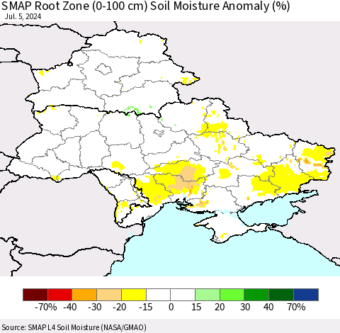 Ukraine, Moldova and Belarus SMAP Root Zone (0-100 cm) Soil Moisture Anomaly (%) Thematic Map For 7/1/2024 - 7/5/2024