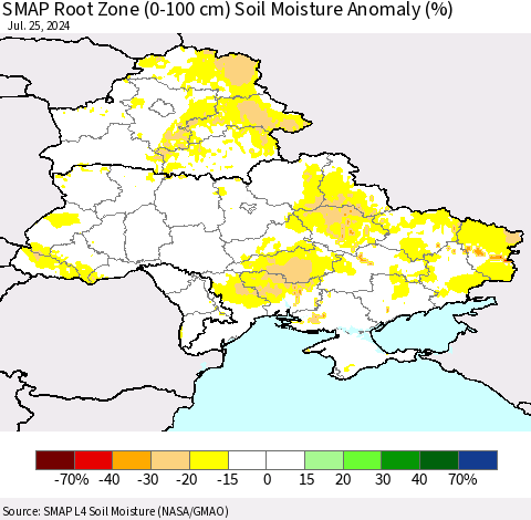 Ukraine, Moldova and Belarus SMAP Root Zone (0-100 cm) Soil Moisture Anomaly (%) Thematic Map For 7/21/2024 - 7/25/2024