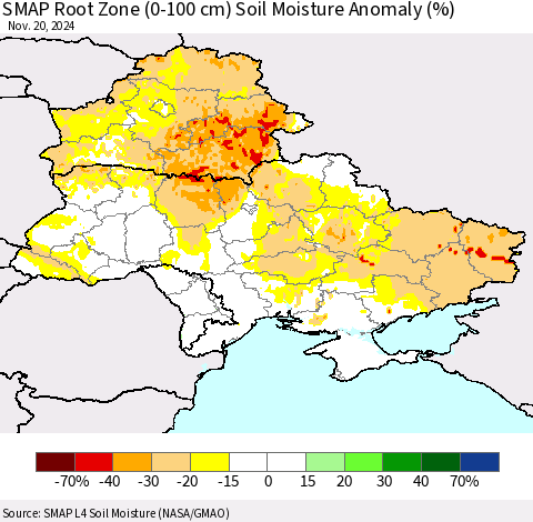 Ukraine, Moldova and Belarus SMAP Root Zone (0-100 cm) Soil Moisture Anomaly (%) Thematic Map For 11/16/2024 - 11/20/2024