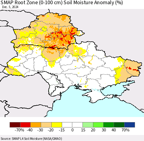 Ukraine, Moldova and Belarus SMAP Root Zone (0-100 cm) Soil Moisture Anomaly (%) Thematic Map For 12/1/2024 - 12/5/2024