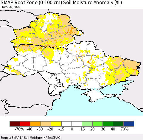 Ukraine, Moldova and Belarus SMAP Root Zone (0-100 cm) Soil Moisture Anomaly (%) Thematic Map For 12/16/2024 - 12/20/2024