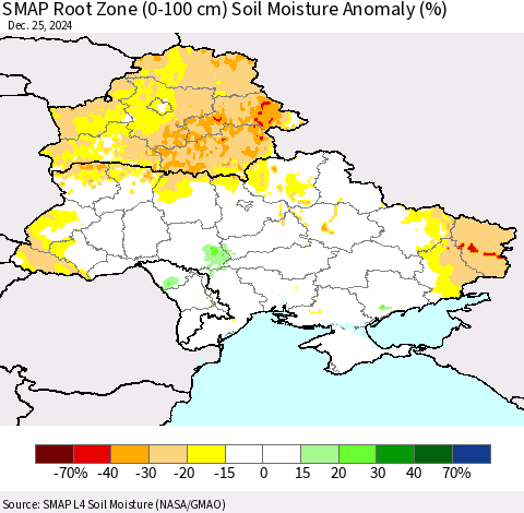 Ukraine, Moldova and Belarus SMAP Root Zone (0-100 cm) Soil Moisture Anomaly (%) Thematic Map For 12/21/2024 - 12/25/2024