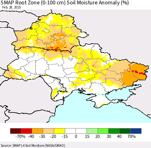Ukraine, Moldova and Belarus SMAP Root Zone (0-100 cm) Soil Moisture Anomaly (%) Thematic Map For 2/26/2025 - 2/28/2025