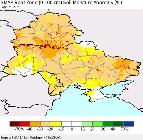 Ukraine, Moldova and Belarus SMAP Root Zone (0-100 cm) Soil Moisture Anomaly (%) Thematic Map For 4/21/2025 - 4/25/2025