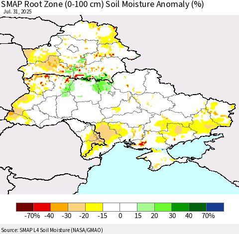 Ukraine, Moldova and Belarus SMAP Root Zone (0-100 cm) Soil Moisture Anomaly (%) Thematic Map For 7/26/2025 - 7/31/2025