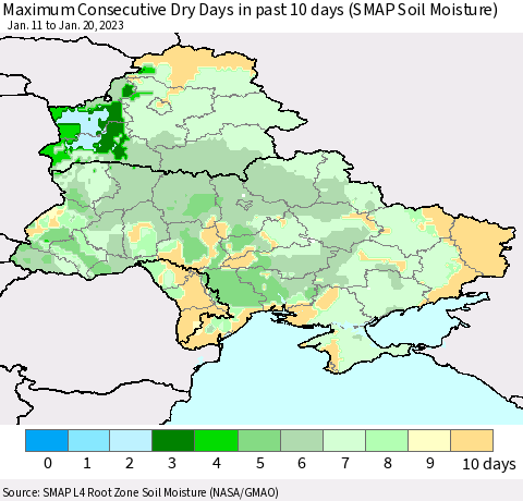 Ukraine, Moldova and Belarus Maximum Consecutive Dry Days in past 10 days (SMAP Soil Moisture) Thematic Map For 1/16/2023 - 1/20/2023