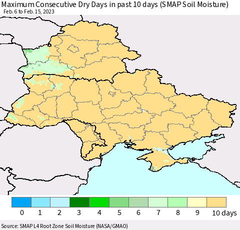 Ukraine, Moldova and Belarus Maximum Consecutive Dry Days in past 10 days (SMAP Soil Moisture) Thematic Map For 2/11/2023 - 2/15/2023